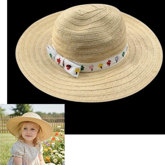 Hanna Andersson Girls Embroidered Ribbon Wide Brim Straw Sun Hat Beach S… - Picture 1 of 16